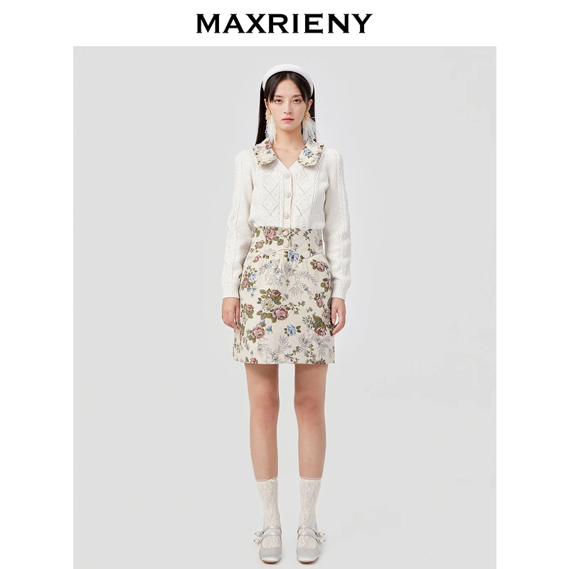 【小余专属】MAXRIENY复古扭花开衫外套女截短毛针织上衣小香风