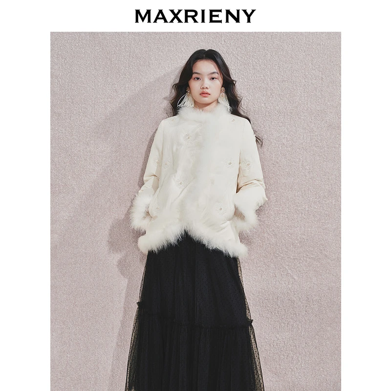 【蜜思仝】MAXRIENY精致贵雅感外套秋新款刺绣贵雅风情毛边羽绒服