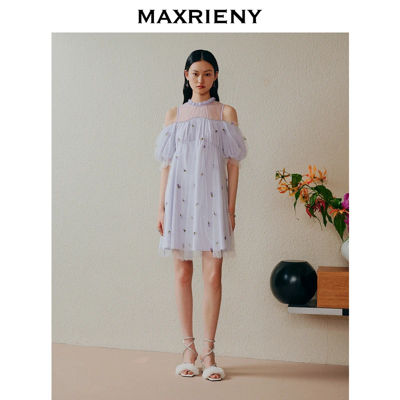 【高高甄选】MAXRIENY夏日精致感网纱拼接露肩连衣裙仙美裙子