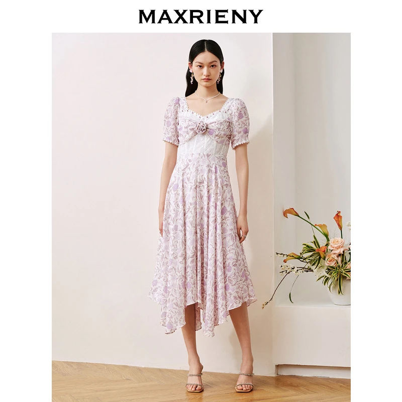 【专用】MAXRIENY法式浪漫玫瑰碎花桑蚕丝裙子女装连衣裙蕾丝显瘦