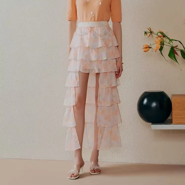 【老板娘夏天】MAXRIENY仙美小众半身裙浪漫渐变橙收腰塔裙夏半身蛋