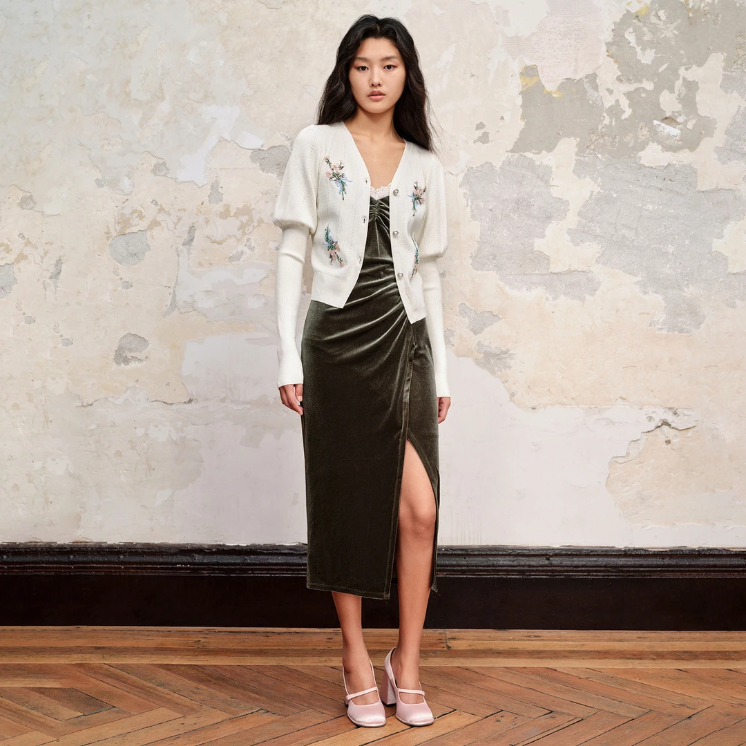 MAXRIENY【蜜思仝】精致复古绿色丝绒侧开衩吊带连衣裙裙子