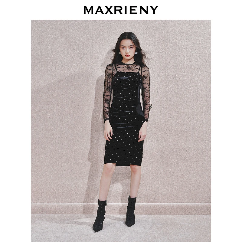 【诗语专属】MAXRIENY年新款真两件丝绒烫金显贵显瘦连衣裙