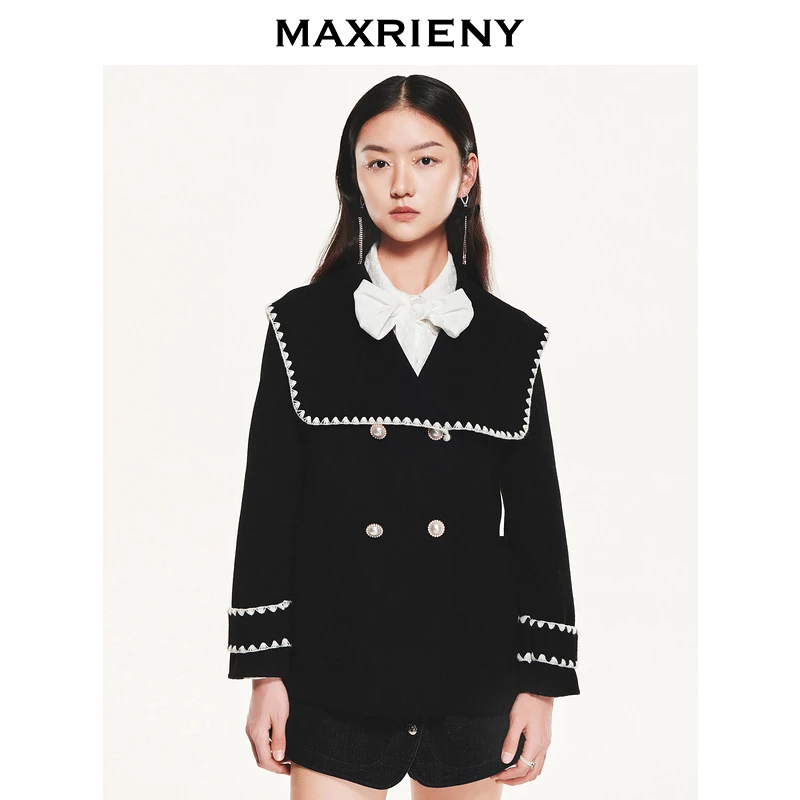 【小余专属】MAXRIENY大翻领毛呢风衣收腰大衣短外套小香风黑色