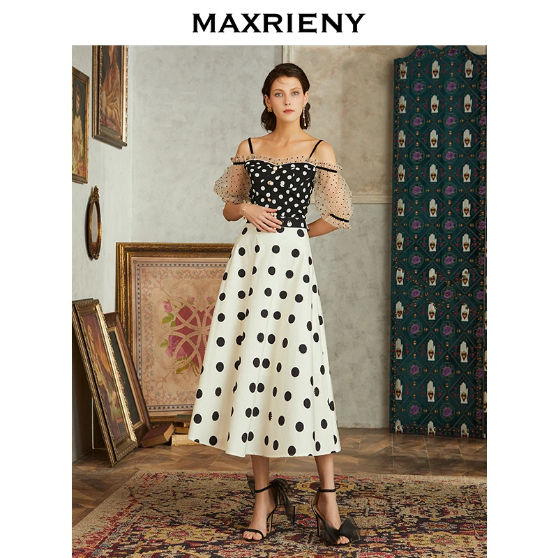 【黄蓉专属】MAXRIENY波点吊带雪纺衫露肩蕾丝上衣女短袖洋气