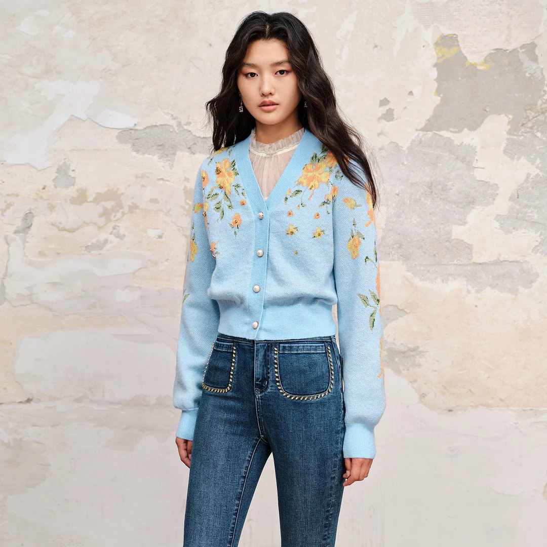 【诗语专属】MAXRIENY提花v领针织毛衫秋冬马海毛套头毛衣