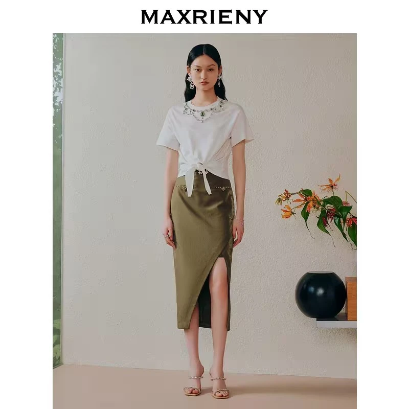 【小花专属】MAXRIENY经典高腰廓形包臀裙新款开叉裙子女