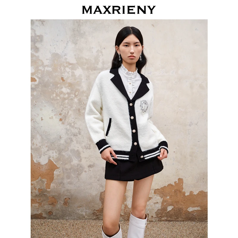 【老板娘夏天】MAXRIENY2023时尚毛衫小香风秋季撞色拼接宽松复古