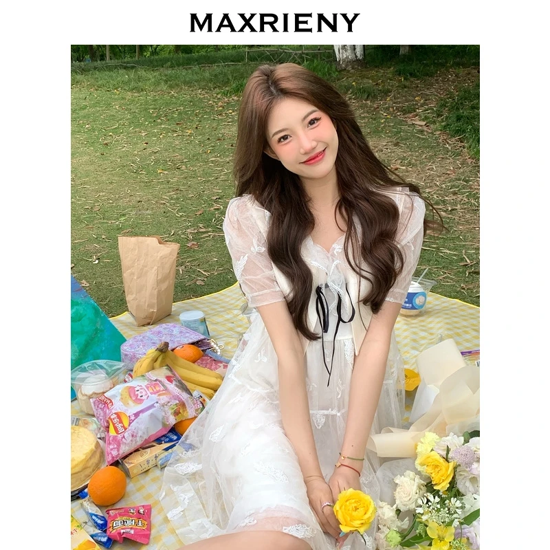 M-MAXRIENY蕾丝公主裙夏翻领雪纺连衣裙减龄高级感