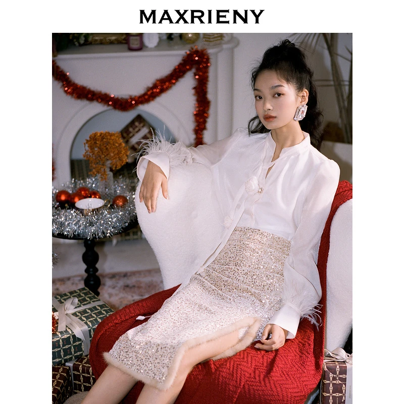 【高高甄选】MAXRIENY玫瑰设计v领衬衫女冬季衬衣通勤上衣