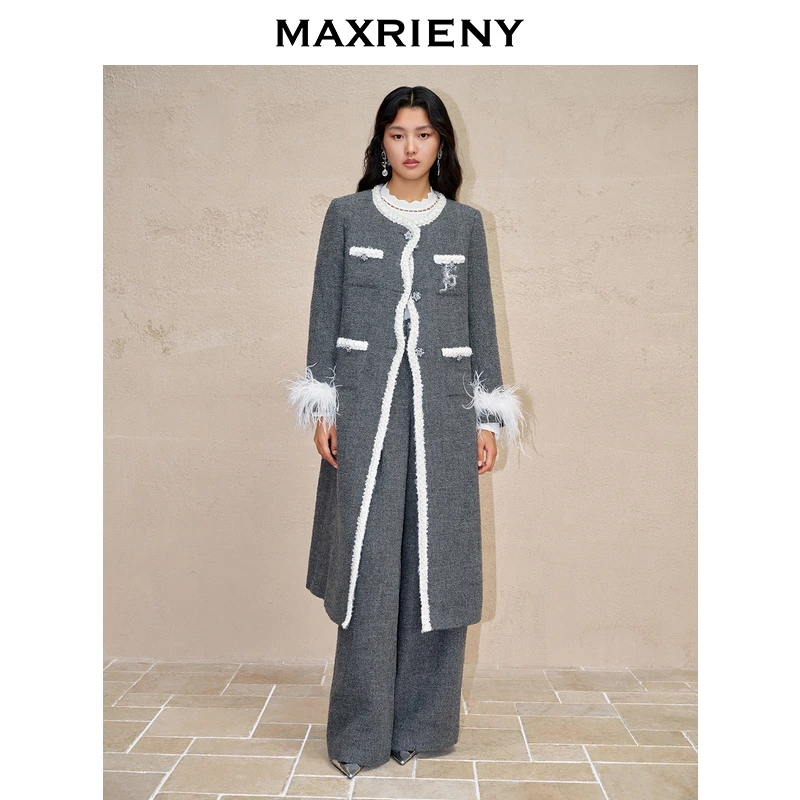 【若谷大大】MAXRIENY钉珠大衣绵羊毛外套格雷风24年冬