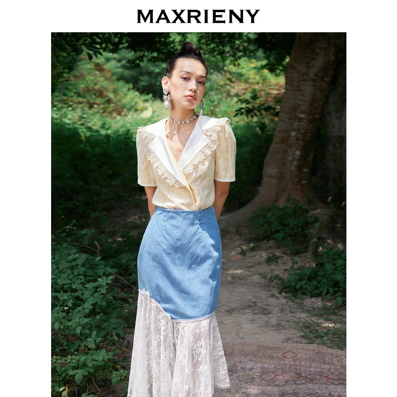 【千颂妮专属】MAXRIENY牛仔裙蕾丝半身裙设计感不规则拼接短裙