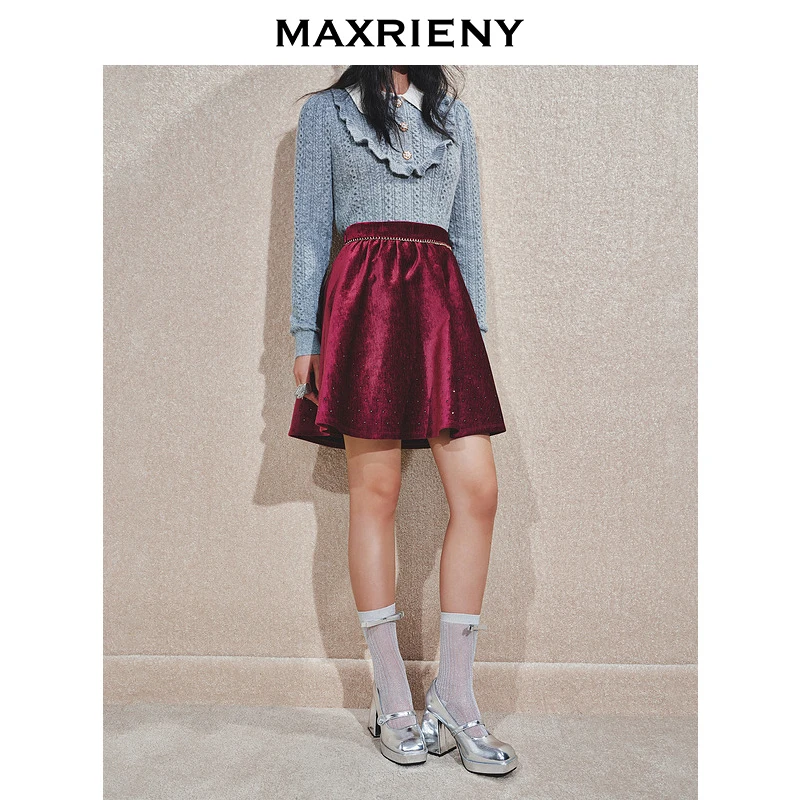【蜜思仝】MAXRIENY精致丝绒半身裙冬新款安哥拉红A字高腰包臀短裙