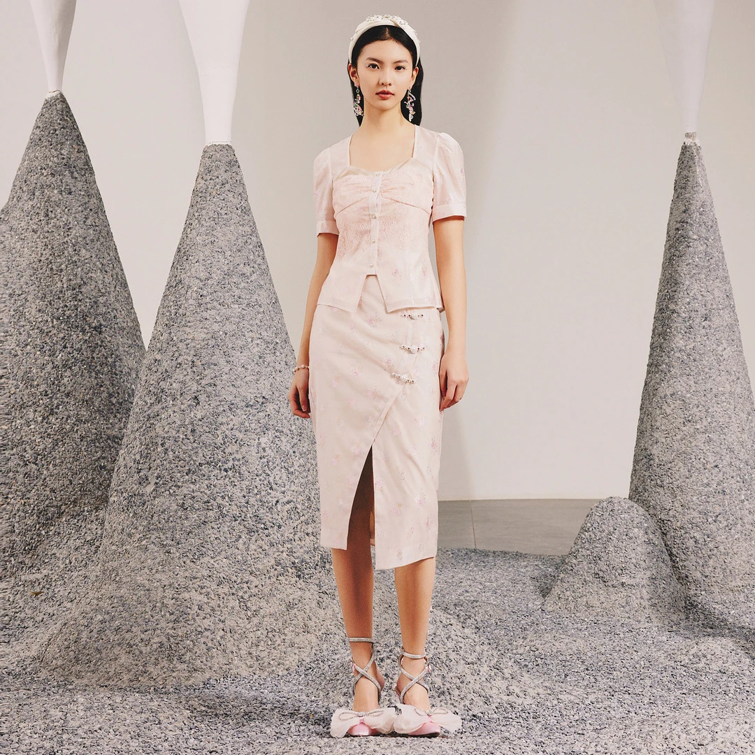 【初依专属】新中式粉色提花开衩半身裙春季新款