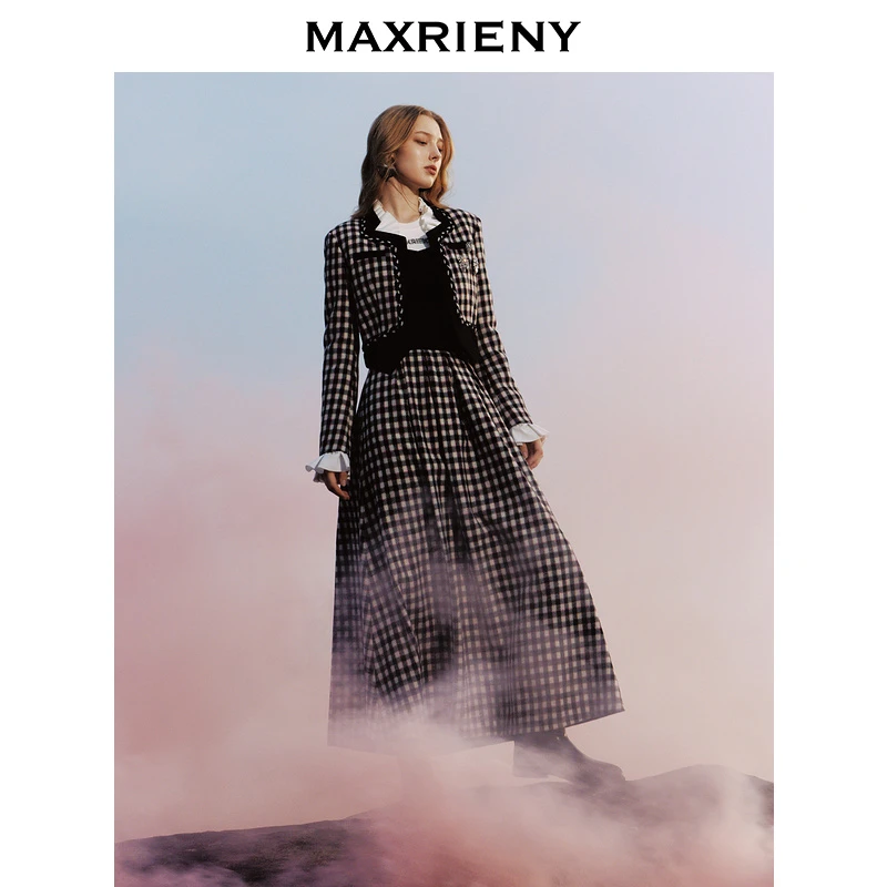 【蜜思仝】MAXRIENY感花火宫廷半裙收腰大摆格纹半身裙气质