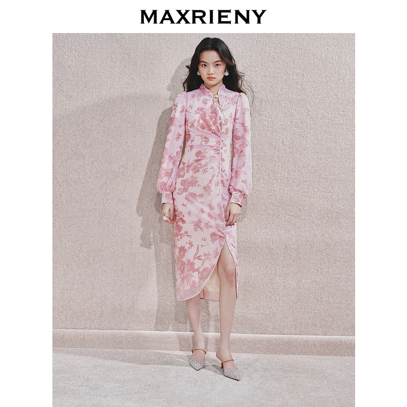 【小呆鸟专享】MAXRIENY盘扣连衣裙女改良旗袍开叉国风裙子收腰