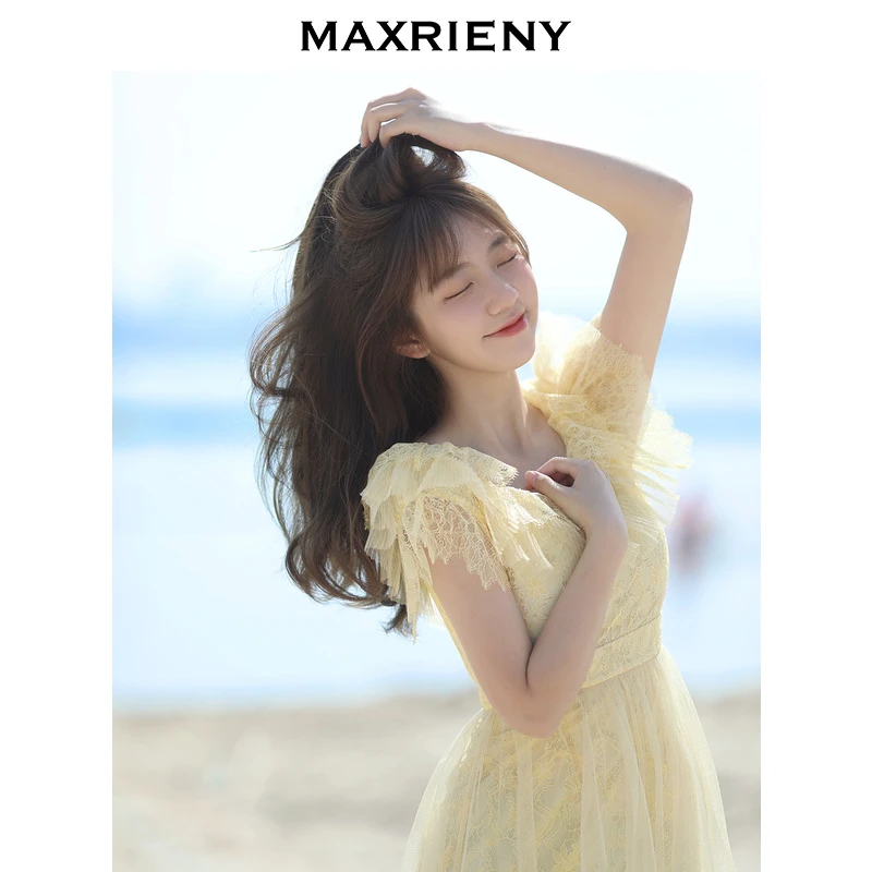 【媛媛女王】MAXRIENY一字肩蕾丝公主裙显瘦高腰碎花连衣裙