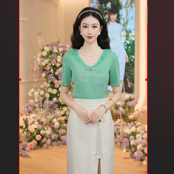 【芊芊专属】新款鱼戏莲叶间|MAXRIENY刺绣荷叶边v领毛织开衫上衣