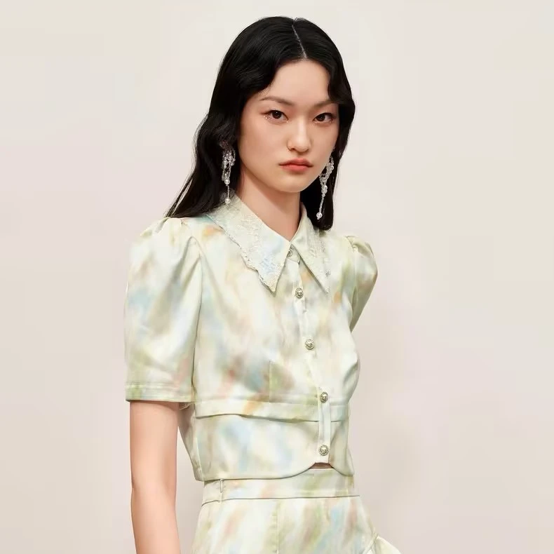 【高高甄选】【商场同款】MXRIENY精致雪纺衫衬衫女油画晕染截短上衣