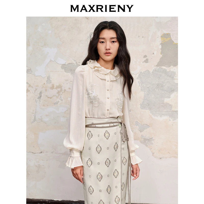 【蜜思仝】MAXRIENY绣花长袖衬衫精致肌理感雪纺衫上衣雅丹风
