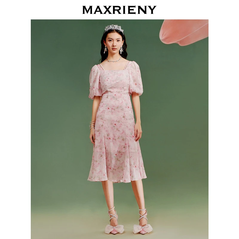 （丫头）MAXRIENY甜美桃鲤连衣裙新款收腰显瘦设计感裙子