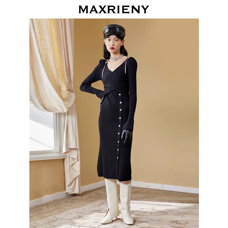 【老板娘夏天】麦斯芮妮MAXRIENY交叉钻链毛织连衣裙秋复古裙子
