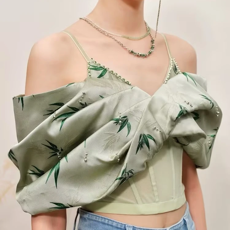 【陈大可专属】MAXRIENY新中式竹叶提花吊带上衣雪纺衫夏季重工