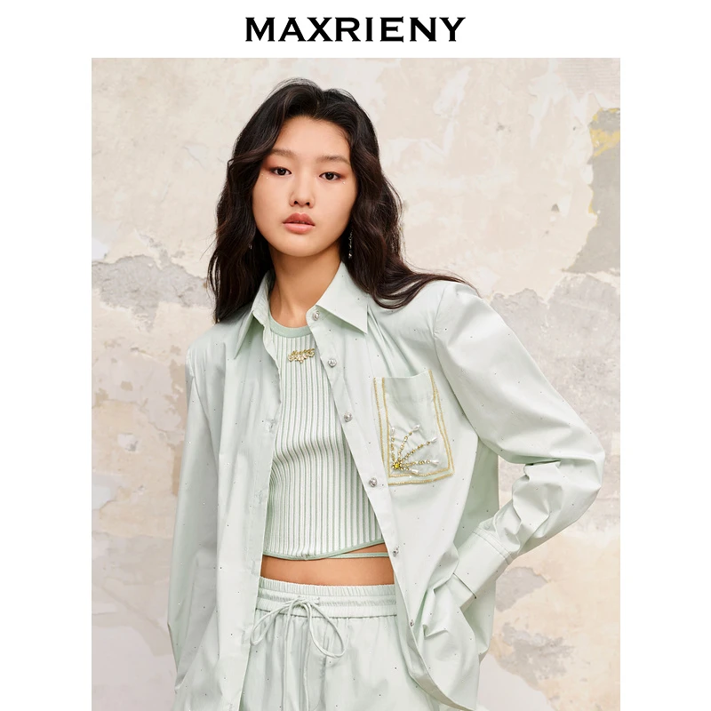 M-MAXRIENY极简轻奢宫廷风廓形烫钻衬衫精致通勤衬衣