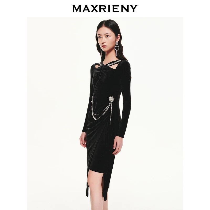 【老板娘夏天】MAXRIENY星芒小黑裙秋装连衣裙中长款
