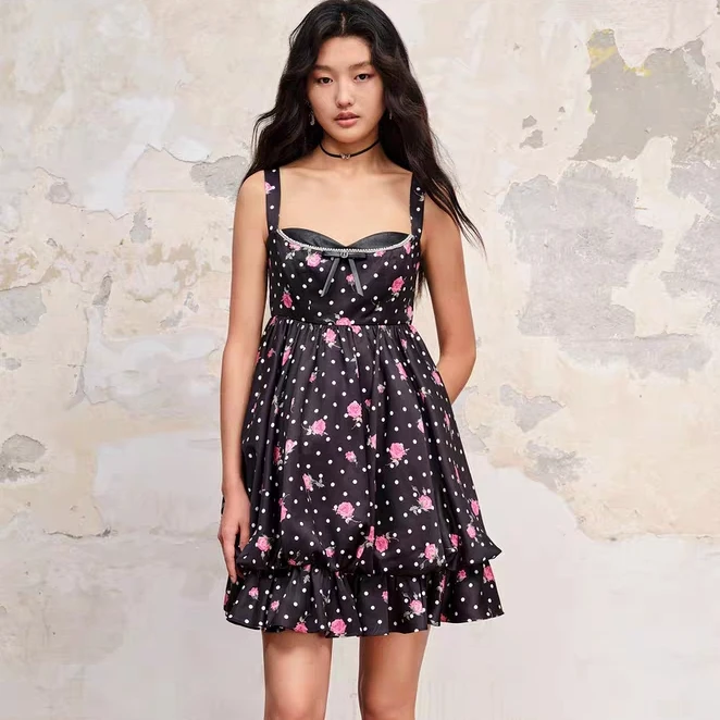 【高高甄选】MAXRIENY辣妹风黑底粉花吊带连衣裙