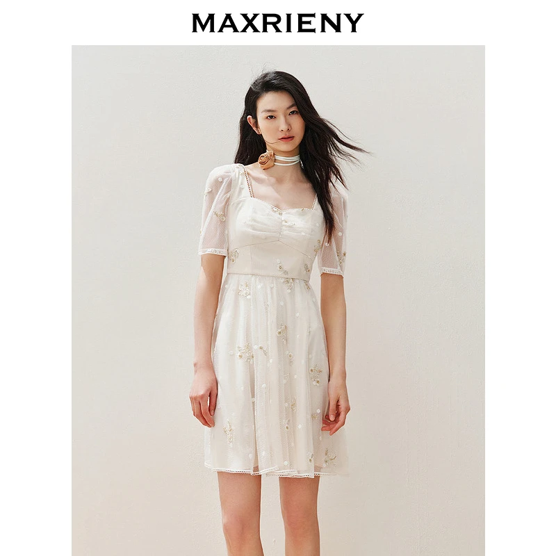 【高高甄选】MAXRIENY华丽网纱绣花连衣裙夏季新款裙子小白裙