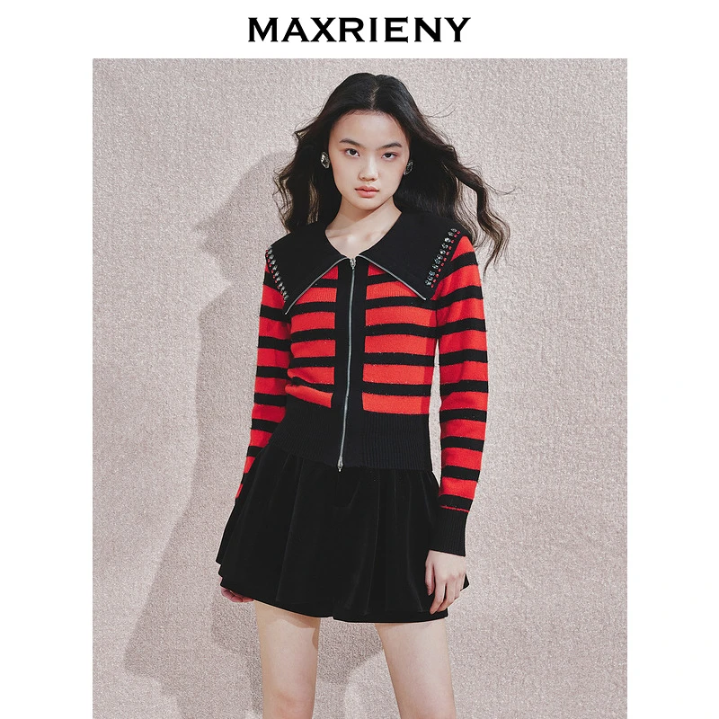 M114【赵老板专属】MAXRIENY针织外套女秋冬海军领拉链开衫上衣