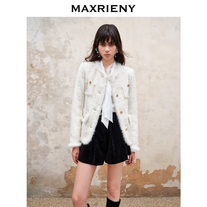 【芊芊专属】MAXRIENY名媛千金小香风轻羽绒服气质冬新款复古水貂毛