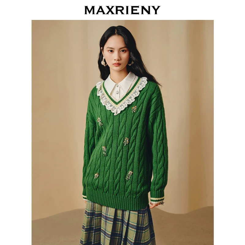 【诗语专属】MAXRIENY精致学院钉钻绣花撞色慵懒针织毛衫
