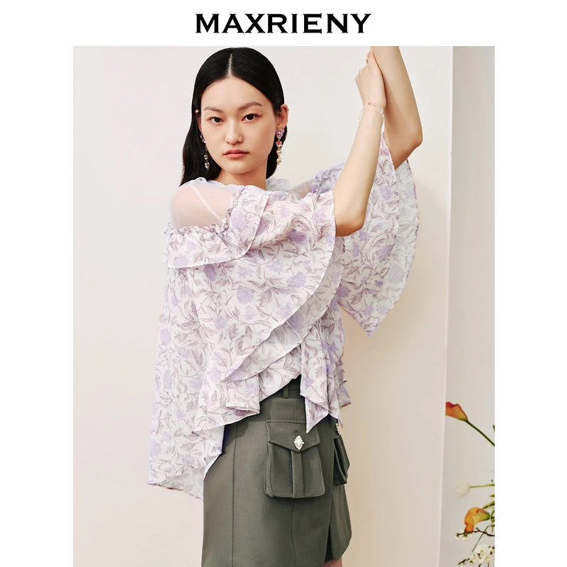 【高高甄选】MAXRIENY甜美桑蚕丝雪纺衫修身遮肉系带宽松上衣
