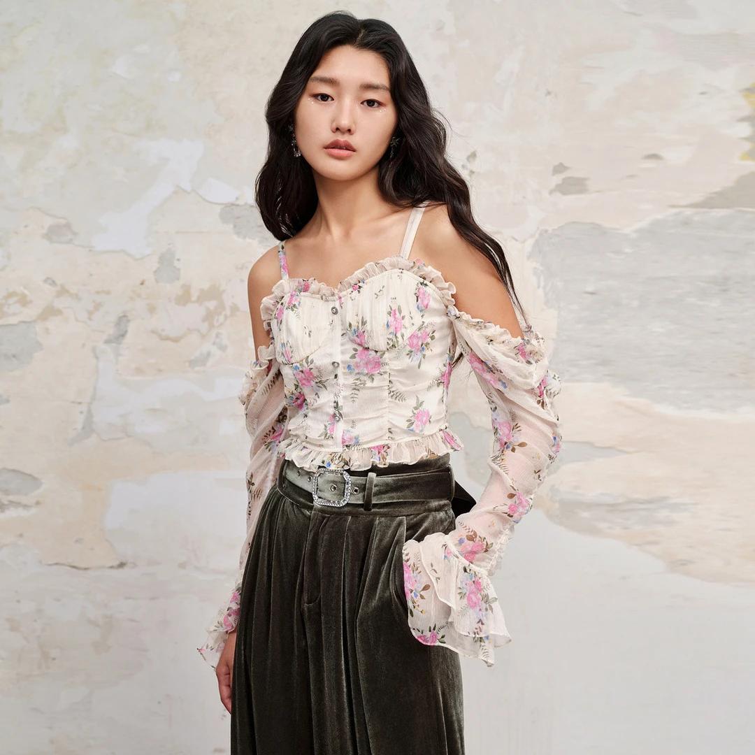 【蜜思仝】MAXRIENY吊带露肩花卉雪纺衫秋季修身吊带上衣女