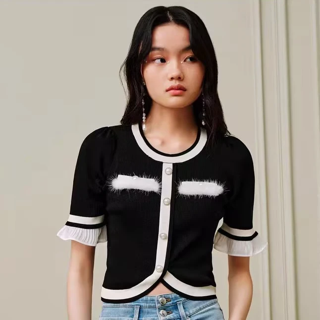 （丫头4）MAXRIENY千金小香风 撞色短袖针织衫上衣百搭短款