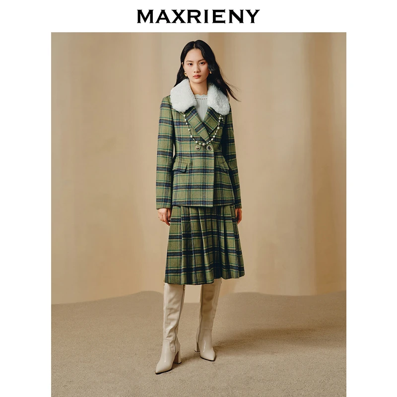 【陈大可专属】MAXRIENY复古A摆格纹百褶半裙冬羊毛裙半身毛呢裙