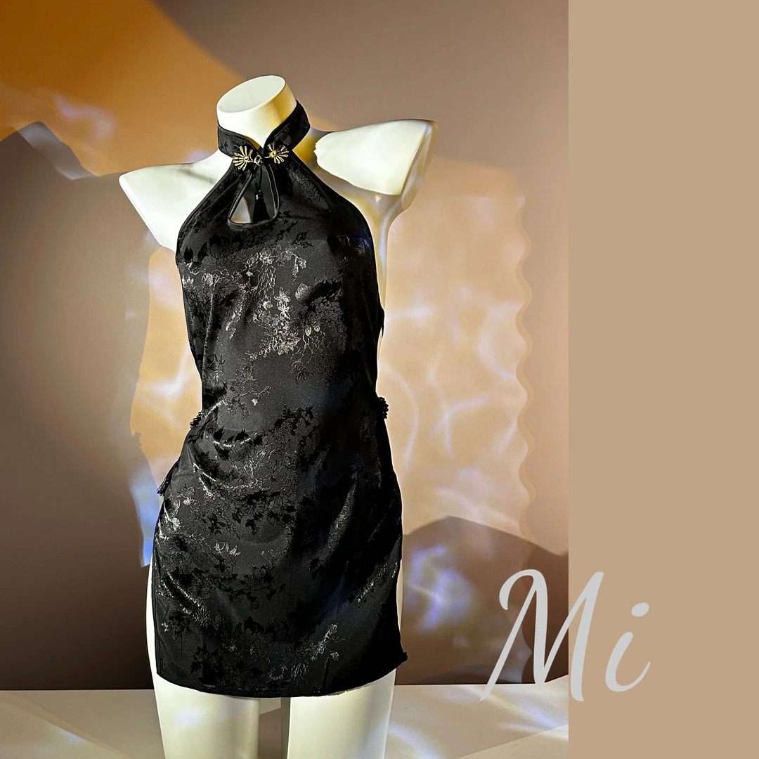 【暗香】复古立领盘扣性感露背双开叉魅惑旗袍裙套装