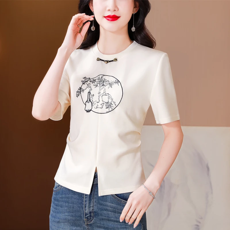 盘扣刺绣纯棉短袖t恤女夏季新款设计感开叉新中式时尚品质女装