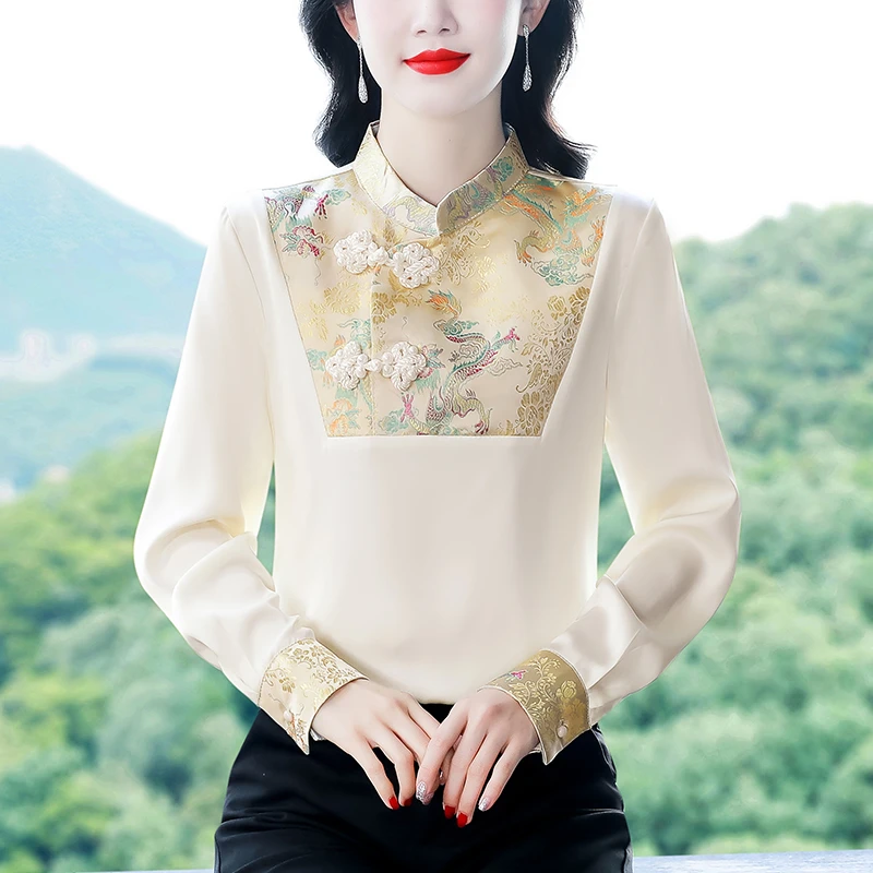 秋季缎面新中式盘扣钉珠衬衫女精致印花小衫古风唐装长袖宽松女装