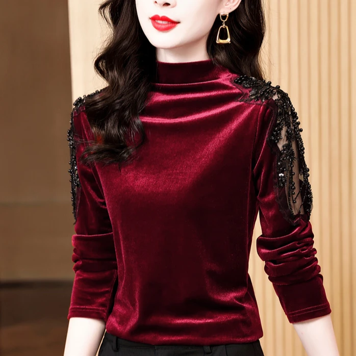 纯色烫钻丝绒上衣女半高领打底小衫秋冬新款妈妈长袖网纱镂空t恤