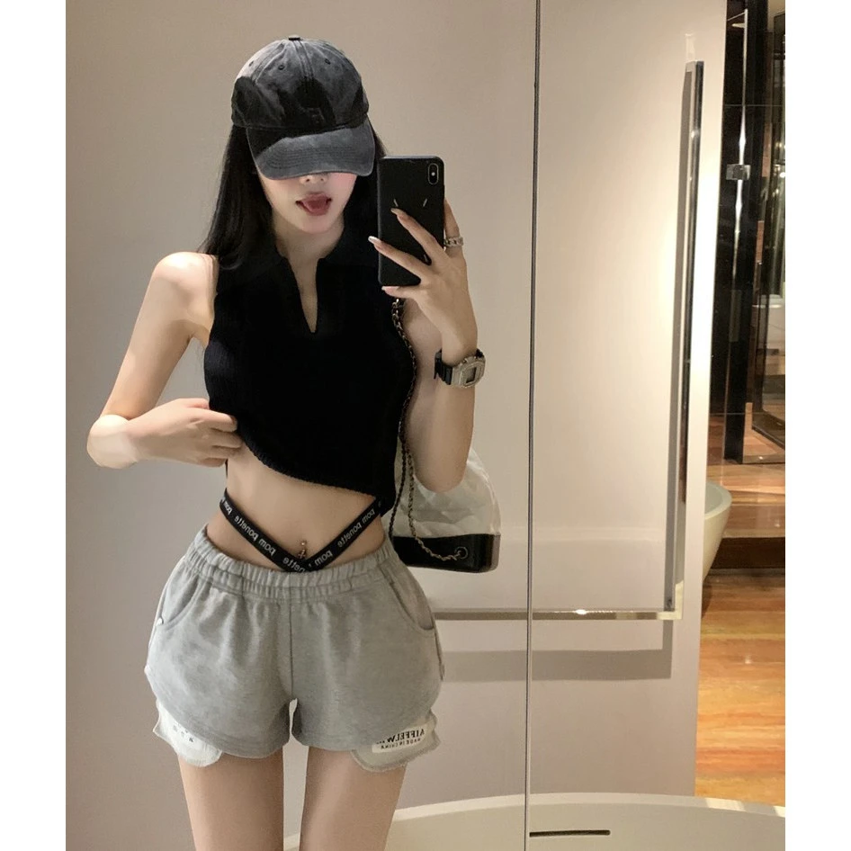 设计感辣妹松紧腰字母交叉镂空阔腿短裤热裤2024女装新款ins百搭