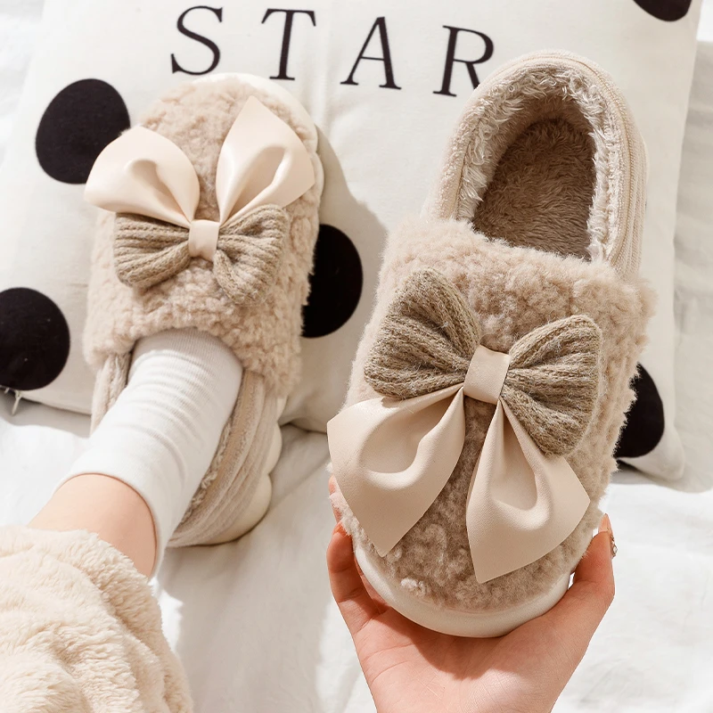 向伦家居蝴蝶结棉拖鞋包后跟冬天女士外穿毛绒踩屎感冬季保暖棉鞋