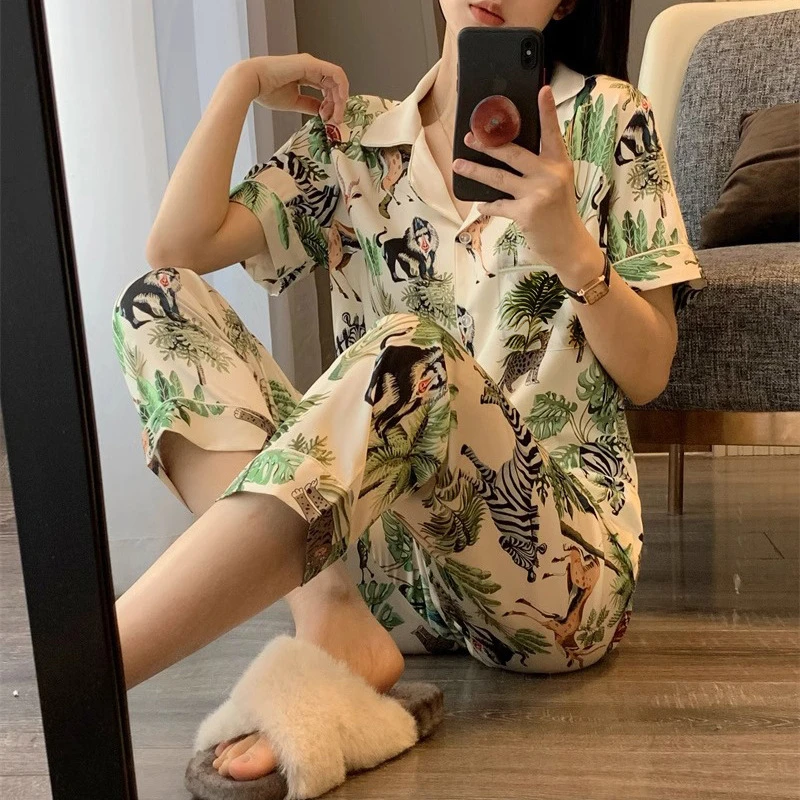 春夏季睡衣薄款仿真丝睡衣女款印花睡衣舒适家居服套装可外穿ins