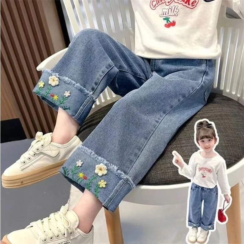 女童牛仔裤2024春秋新款儿童宽松洋气中小童韩版时髦直筒阔腿长裤