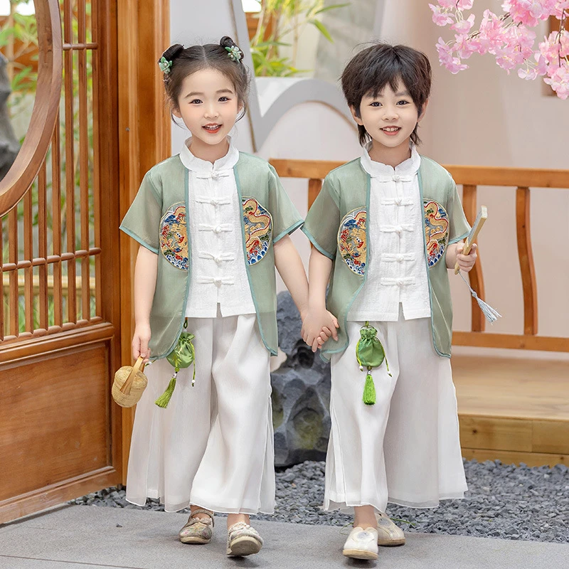 汉服男童套装女童唐装夏季儿童中式古装宝宝夏装薄款民族演出衣服