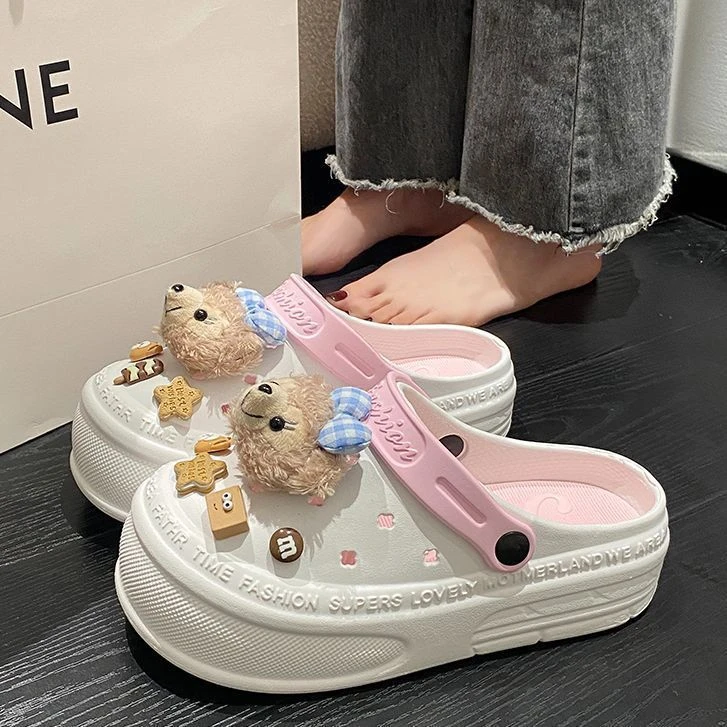 女士夏季可爱熊厚底洞洞鞋踩屎感超软外穿防滑增高包头拖时尚网红