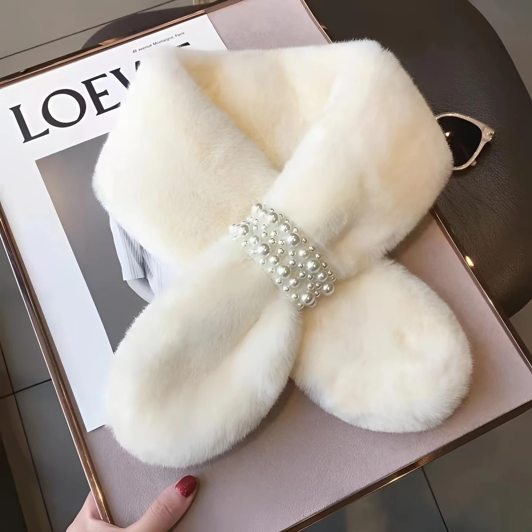 秋冬季款毛毛绒珍珠扣围巾女加厚交叉围脖甜美百搭款仿兔毛围巾