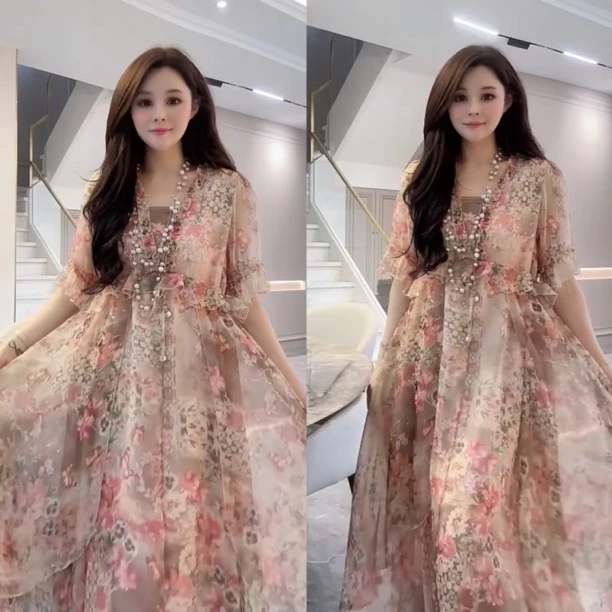 2025夏季新款香槟色印花显瘦抽绳荷叶袖长款连衣裙遮肚气质花裙